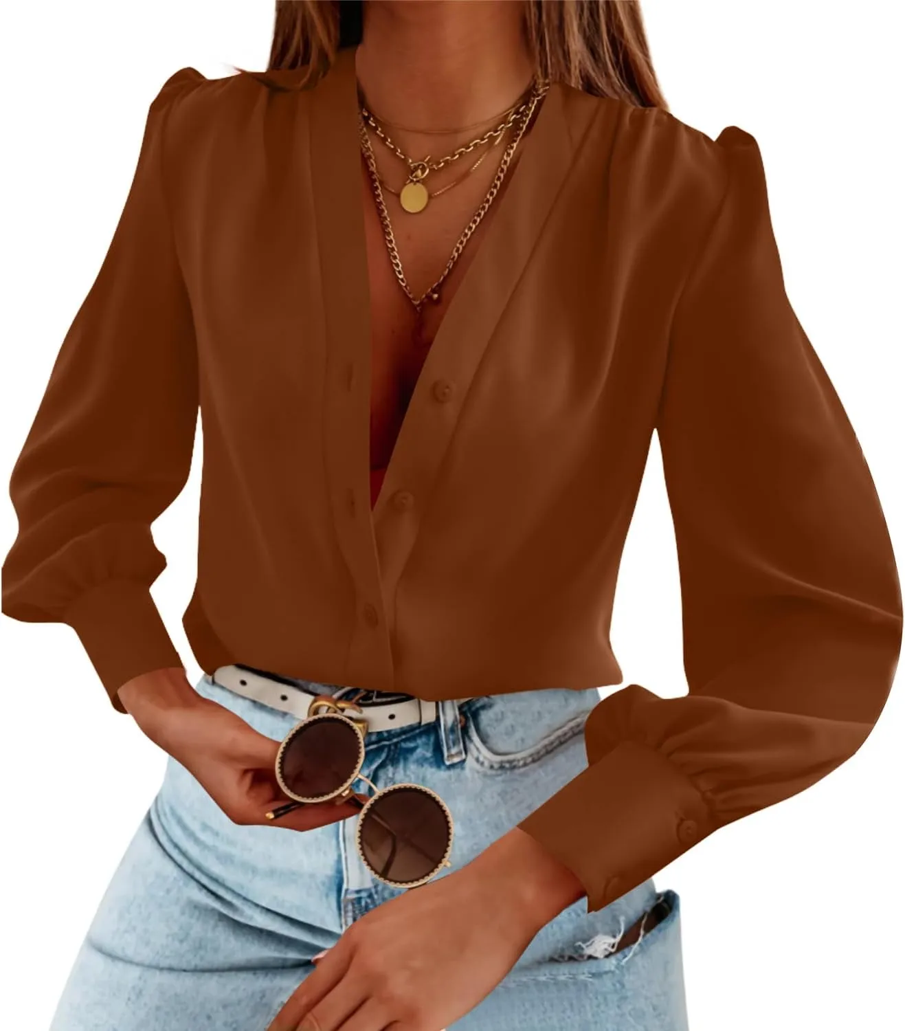 Women's Business Casual Tops Summer Long Sleeve Silk Button Down Shirts V Neck Chiffon Blouses