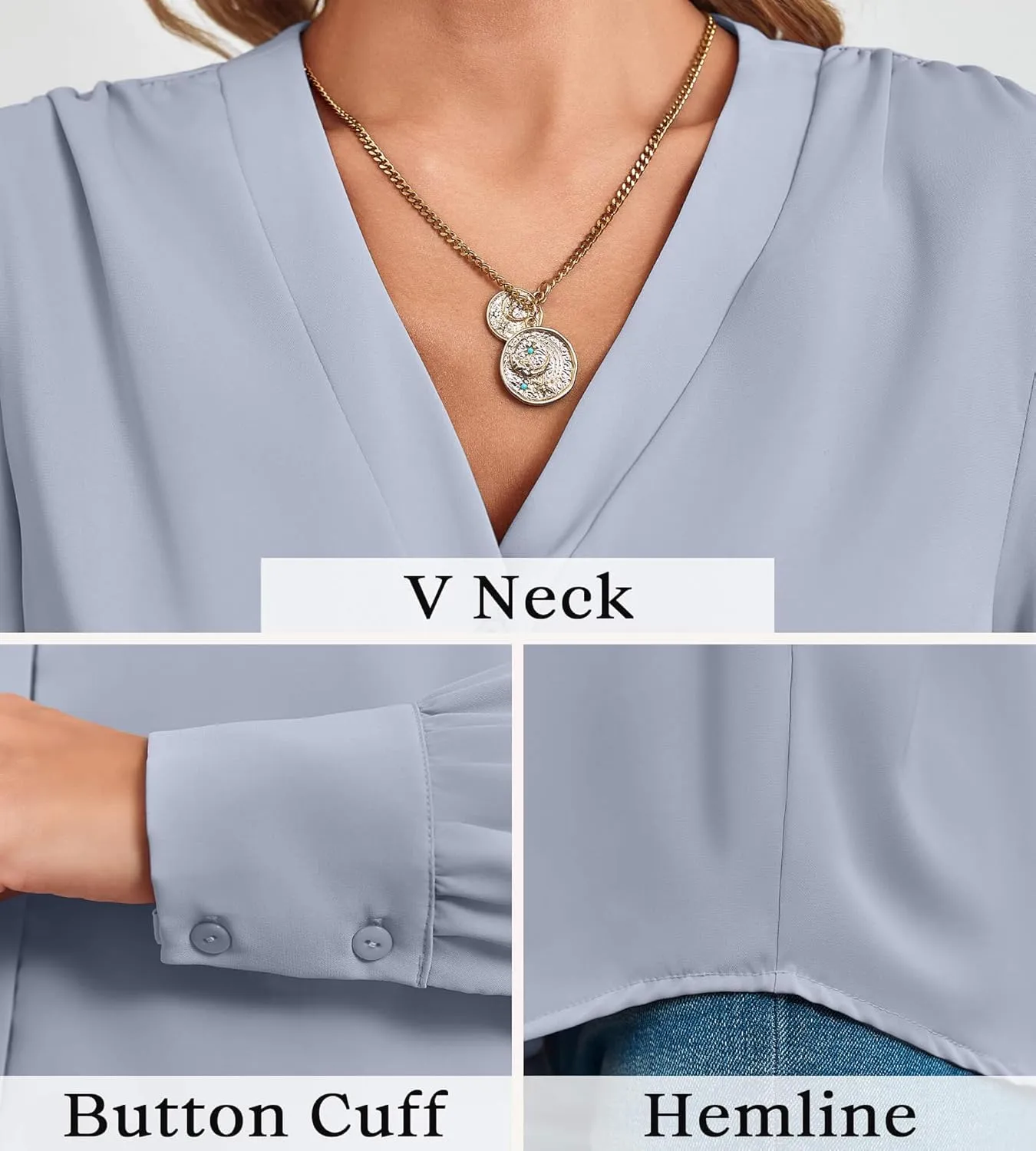 Women's Business Casual Tops Summer Long Sleeve Silk Button Down Shirts V Neck Chiffon Blouses