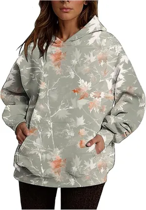 Womens Camo Hoodie Sweatshirt Oversized Maple Leaf Print Cute Hooded Sweatshirt Hoodies Pullover Trendy Fall Clothes