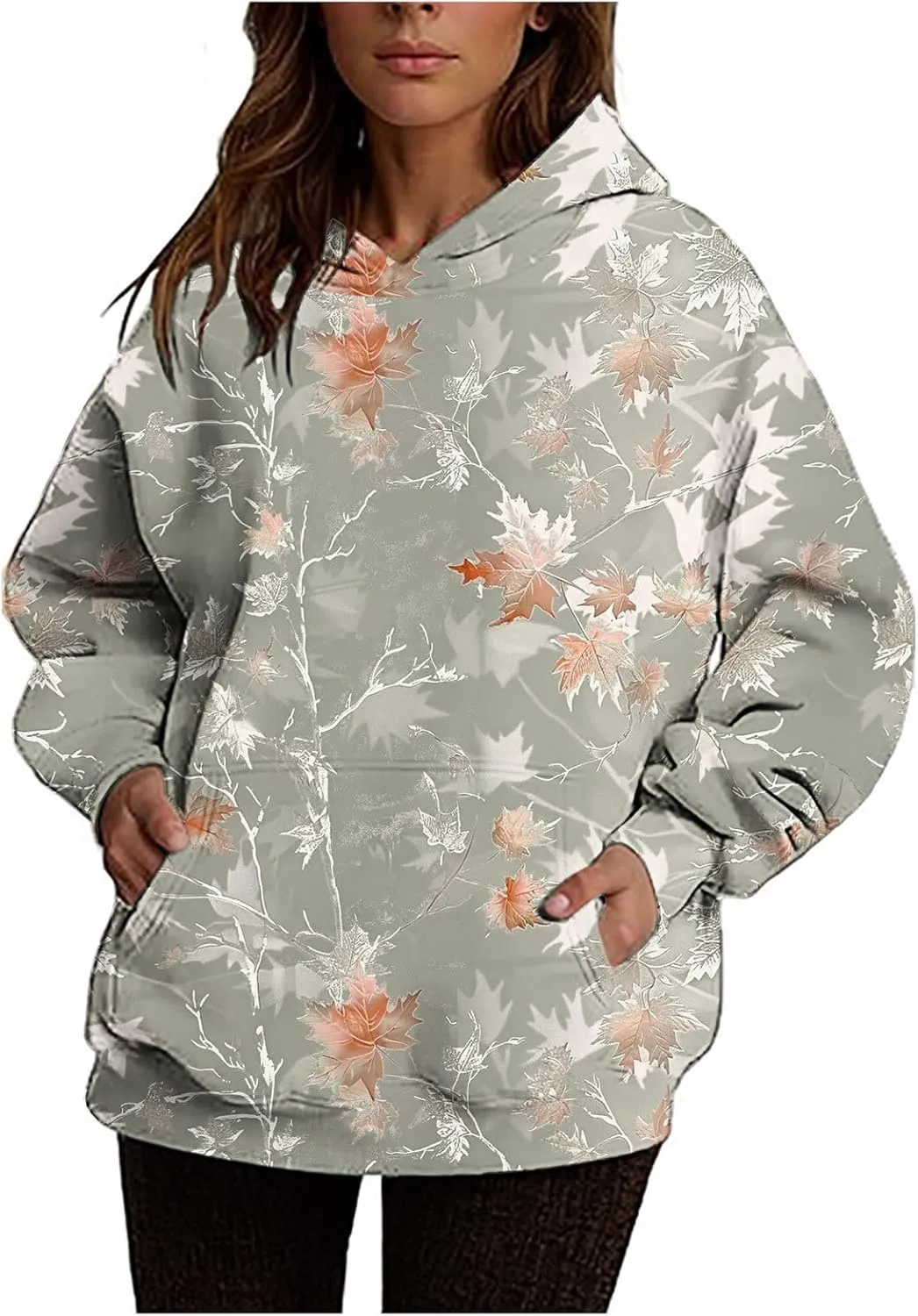 Womens Camo Hoodie Sweatshirt Oversized Maple Leaf Print Cute Hooded Sweatshirt Hoodies Pullover Trendy Fall Clothes