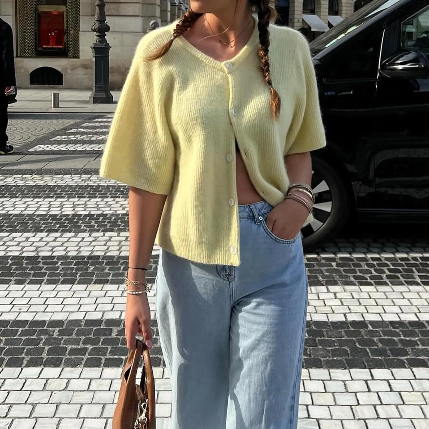Women's Cardigans Short Sleeve Button Down Cardigan Sweater Y2k Knitted Crop Shirt Top
