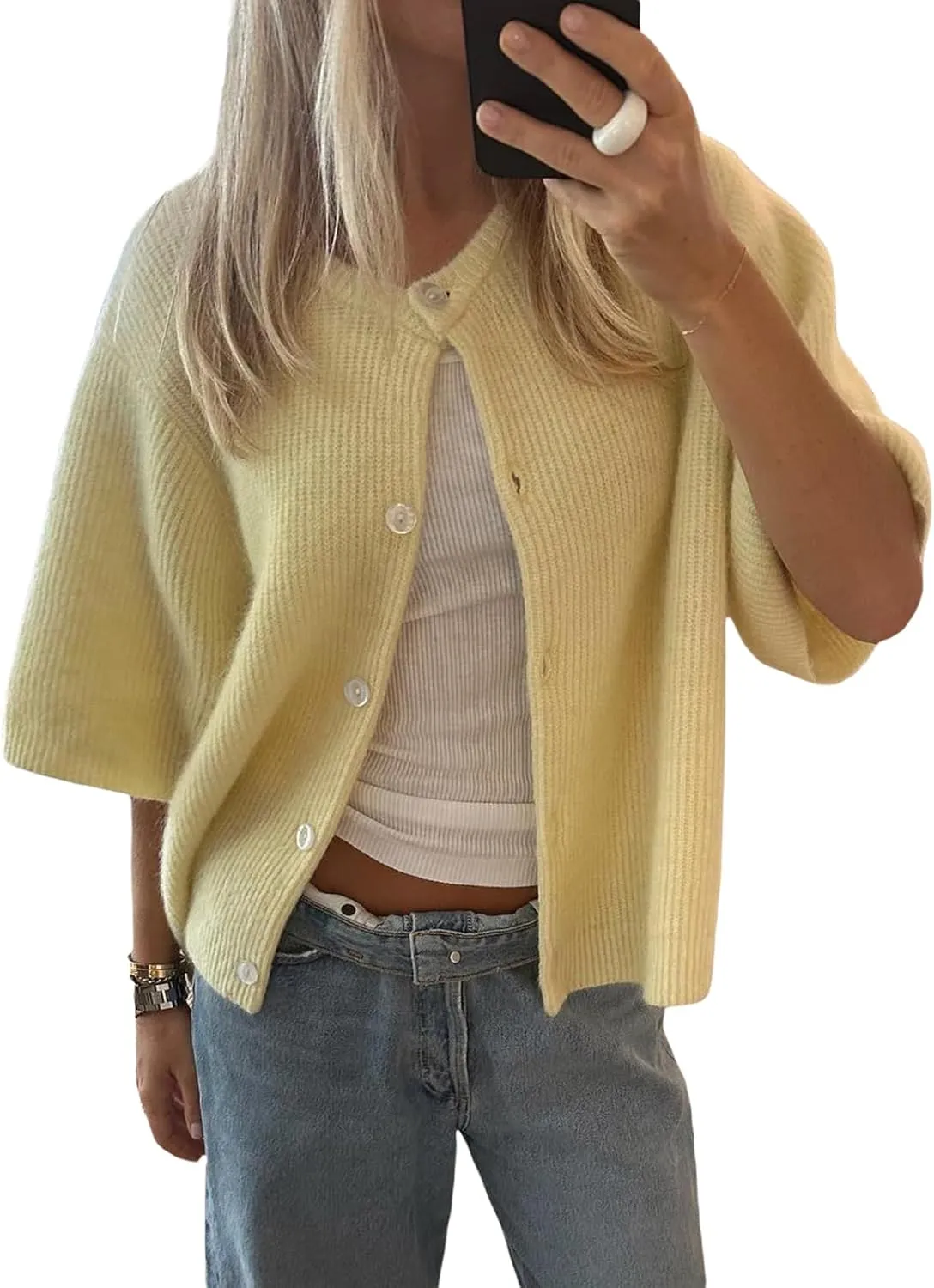 Women's Cardigans Short Sleeve Button Down Cardigan Sweater Y2k Knitted Crop Shirt Top