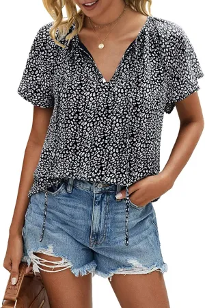 Women's Casual Floral Ruffle Short Sleeve Tops Cute Boho V Neck Loose Blouses Summer Fall Shirts