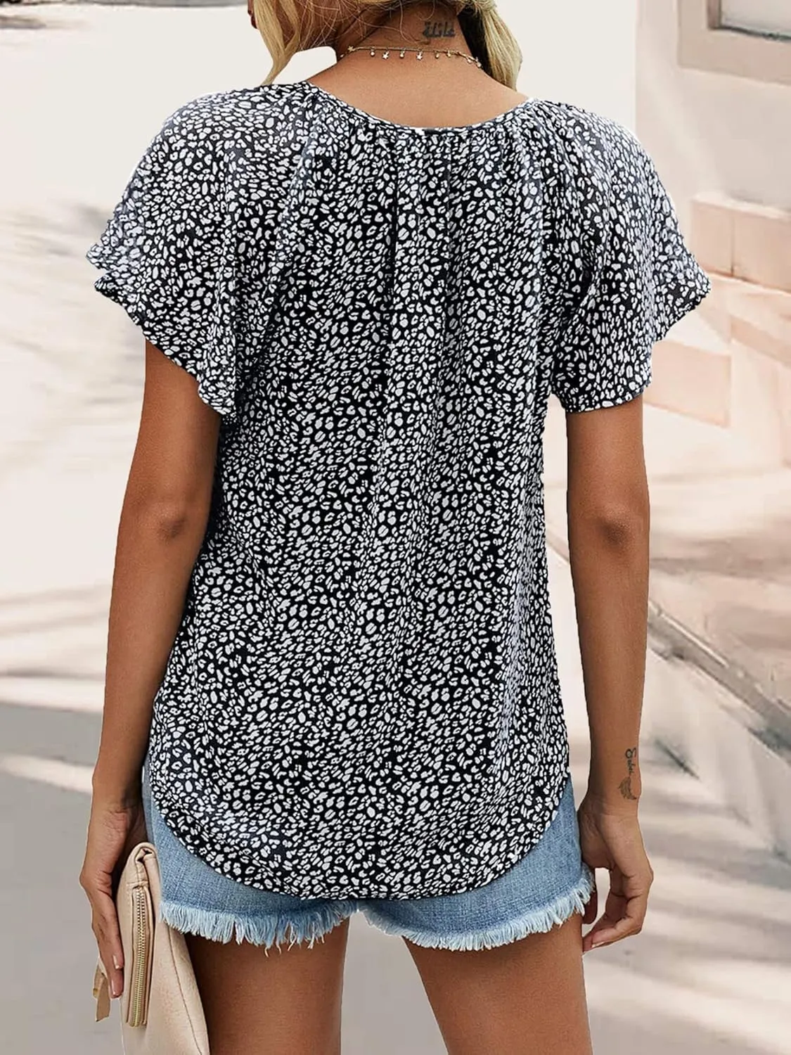 Women's Casual Floral Ruffle Short Sleeve Tops Cute Boho V Neck Loose Blouses Summer Fall Shirts