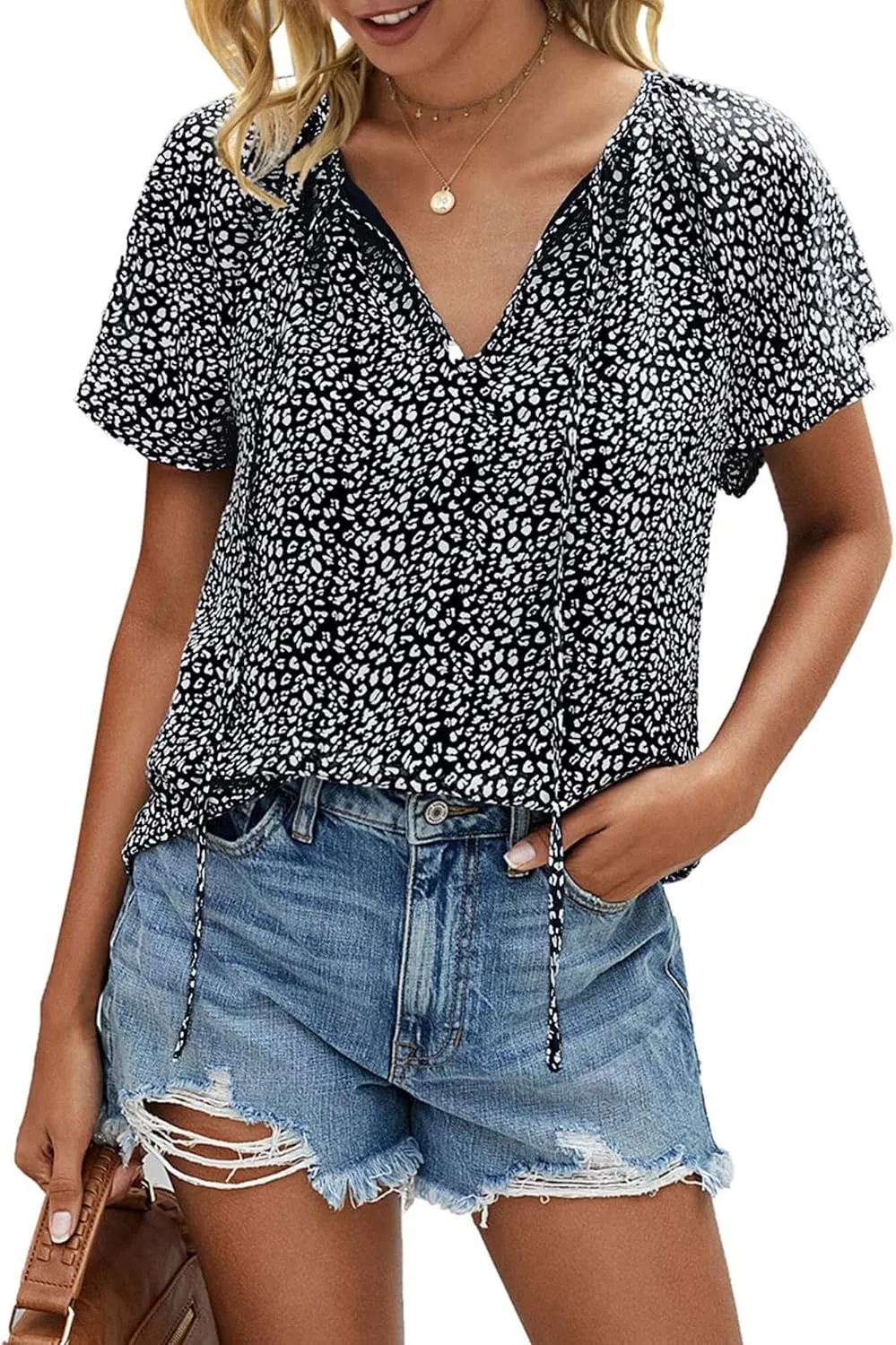 Women's Casual Floral Ruffle Short Sleeve Tops Cute Boho V Neck Loose Blouses Summer Fall Shirts