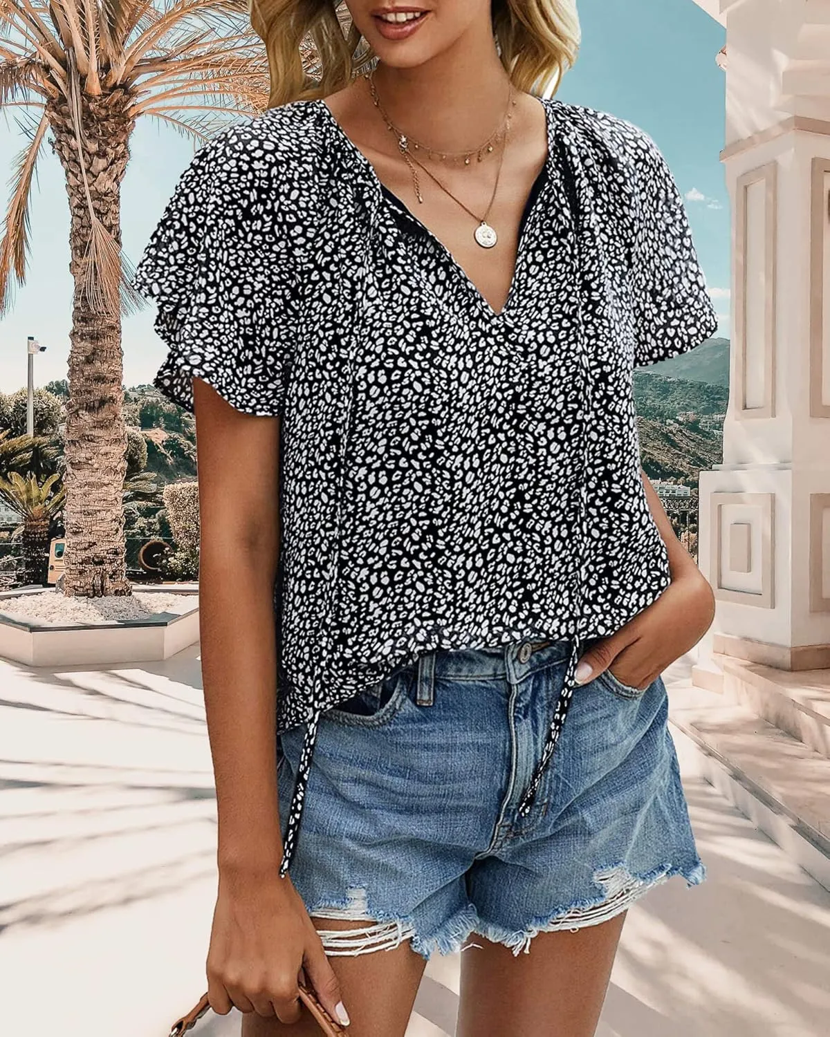 Women's Casual Floral Ruffle Short Sleeve Tops Cute Boho V Neck Loose Blouses Summer Fall Shirts
