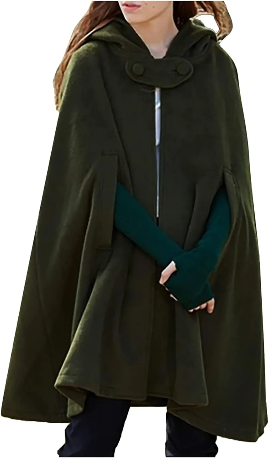 Women's Cloak Hood Wool-Blend Cape Coat Winter Cardigans Plus Size Thick Coat Solid/Classic Scotland Plaid Jackets
