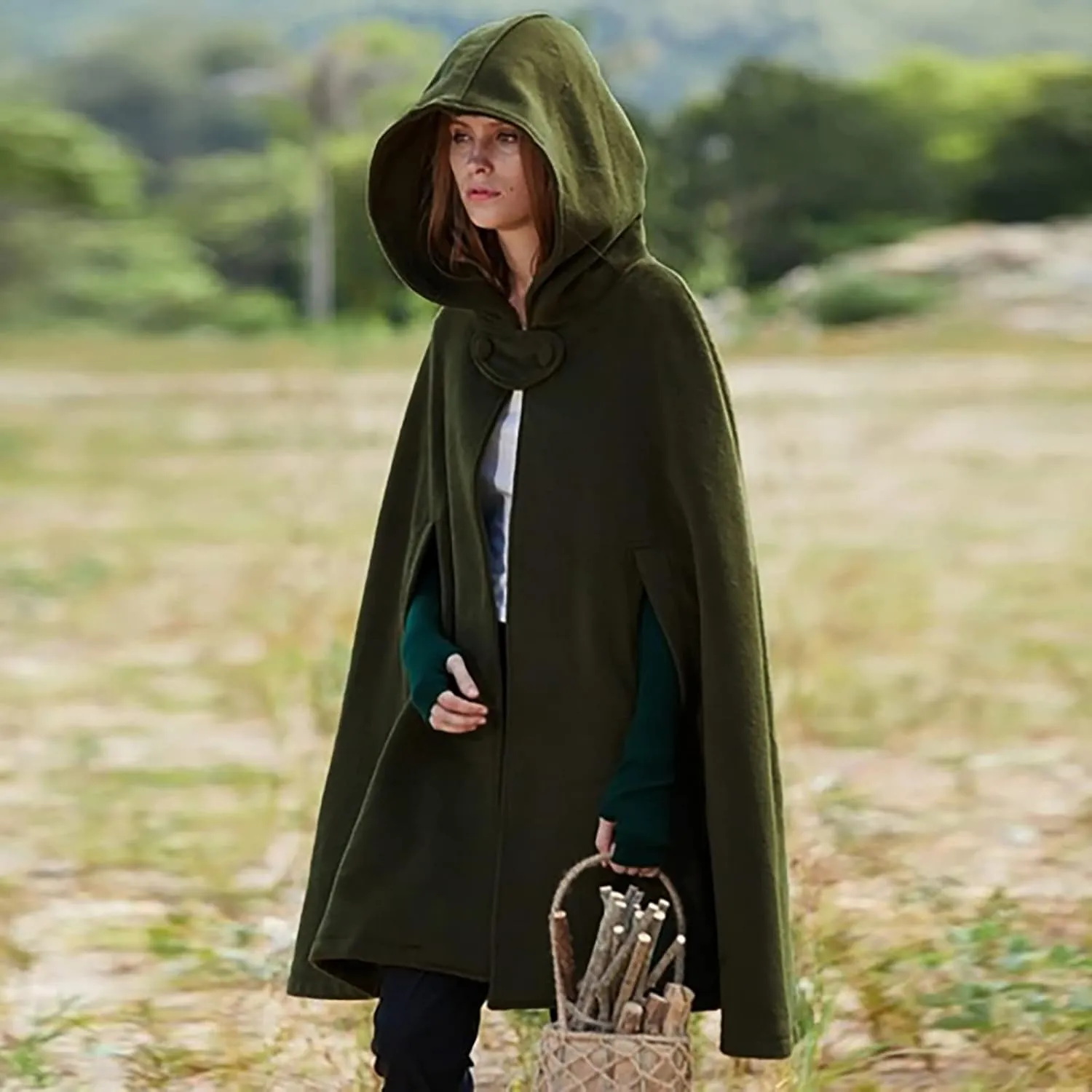 Women's Cloak Hood Wool-Blend Cape Coat Winter Cardigans Plus Size Thick Coat Solid/Classic Scotland Plaid Jackets