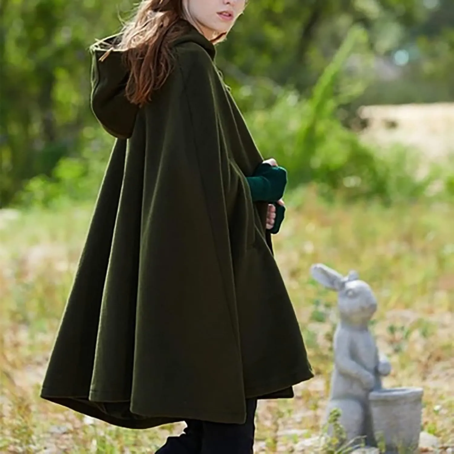 Women's Cloak Hood Wool-Blend Cape Coat Winter Cardigans Plus Size Thick Coat Solid/Classic Scotland Plaid Jackets