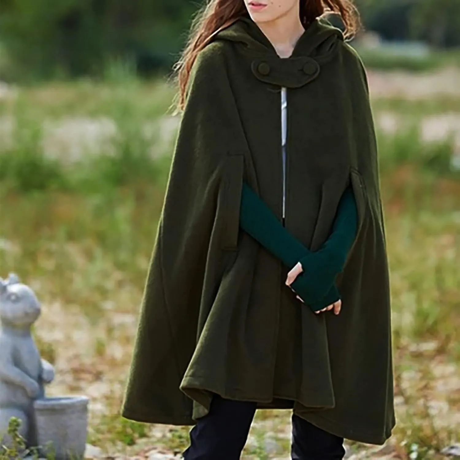 Women's Cloak Hood Wool-Blend Cape Coat Winter Cardigans Plus Size Thick Coat Solid/Classic Scotland Plaid Jackets