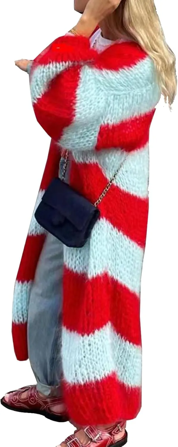 Womens Color Block Striped Cardigan Sweaters Loose Knitted Long Open Front Cardigans