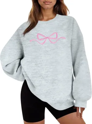 Womens Coquette Bow Sweatshirt - Embroidered Pink Bow Crewneck Pullover, Fall Clean Girl Style