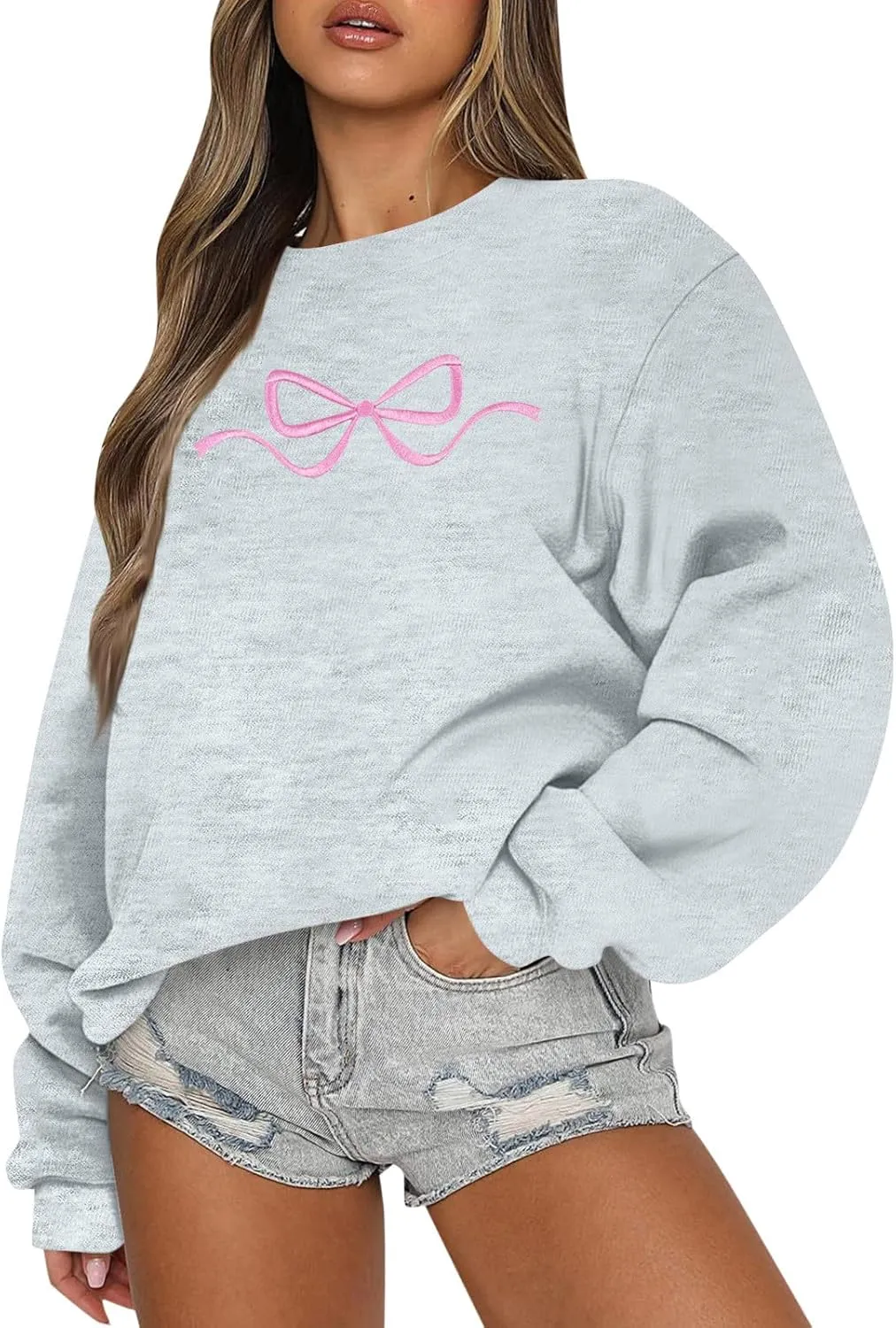 Womens Coquette Bow Sweatshirt - Embroidered Pink Bow Crewneck Pullover, Fall Clean Girl Style