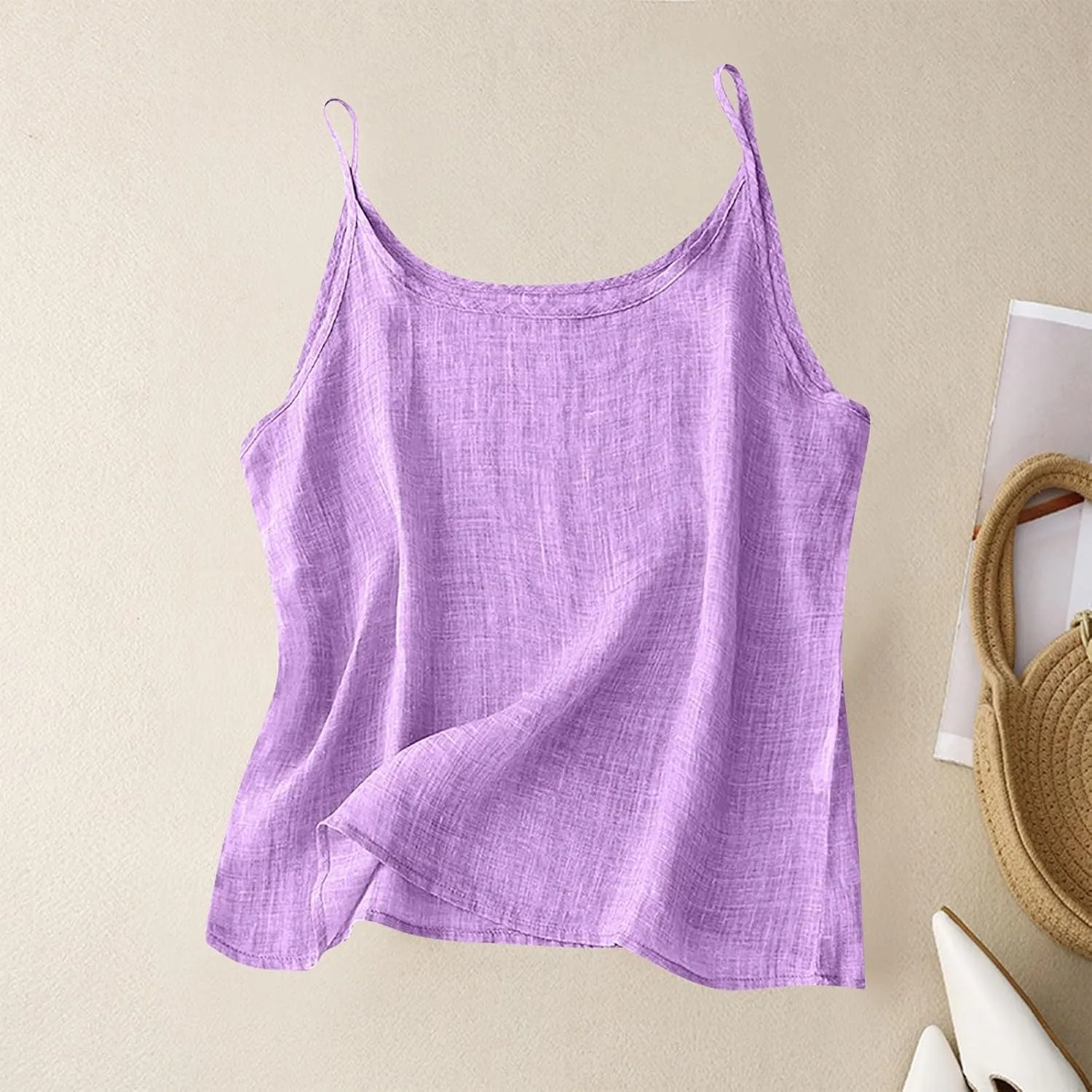 Womens Cotton Linen Tank Tops Summer Cute Sleeveless Cami Shirts Spaghetti Strap Gauzy Camisoles Casual Basic Tanks