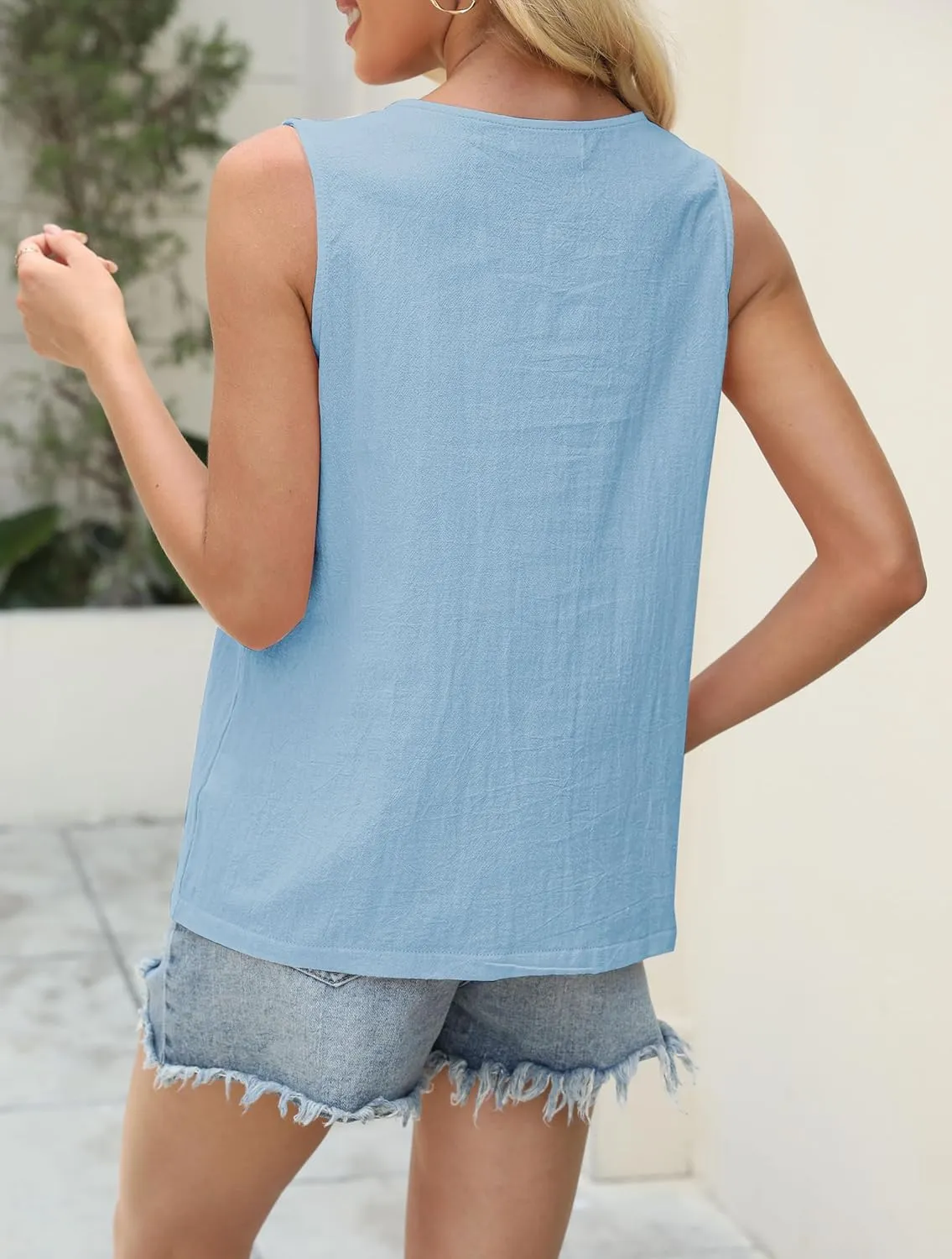 Womens Cotton Linen Tank Tops V Neck Casual Cami Sleeveless Blouses Summer Basic Shirt