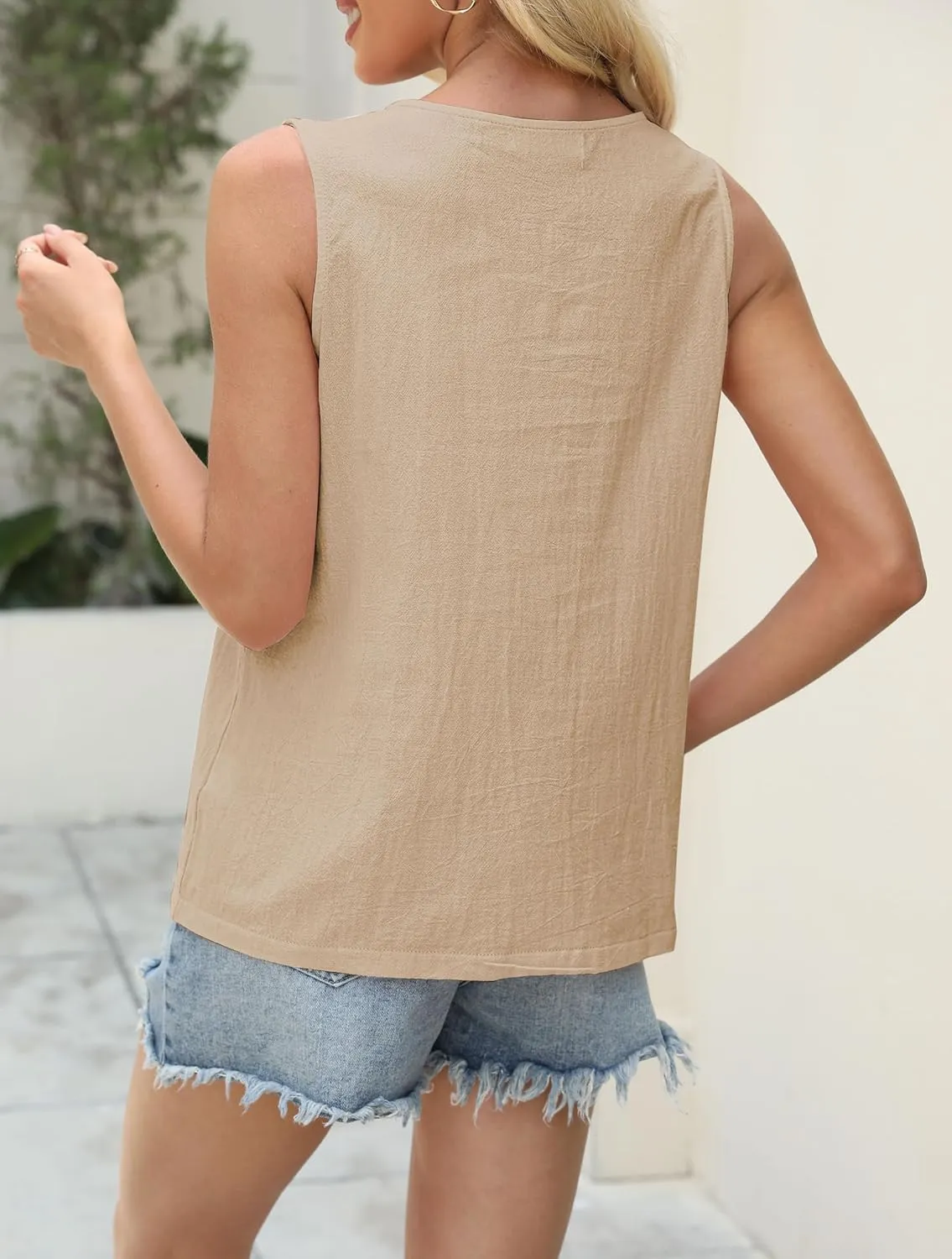 Womens Cotton Linen Tank Tops V Neck Casual Cami Sleeveless Blouses Summer Basic Shirt