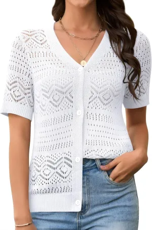 Women's Crochet Knit Open Front V-Neck Button Down Summer Short Sleeve Lightweight Cardigan Sweater