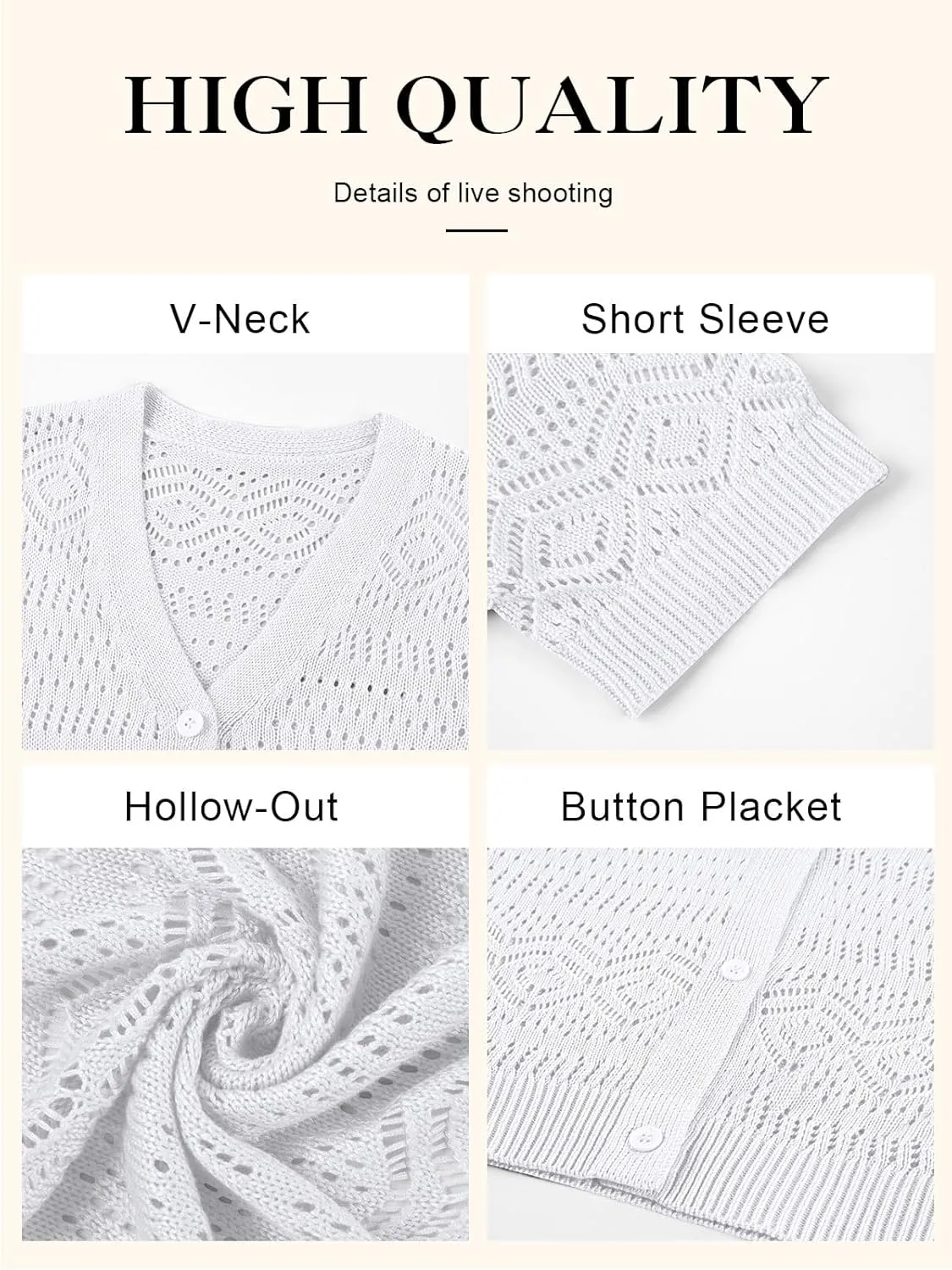 Women's Crochet Knit Open Front V-Neck Button Down Summer Short Sleeve Lightweight Cardigan Sweater