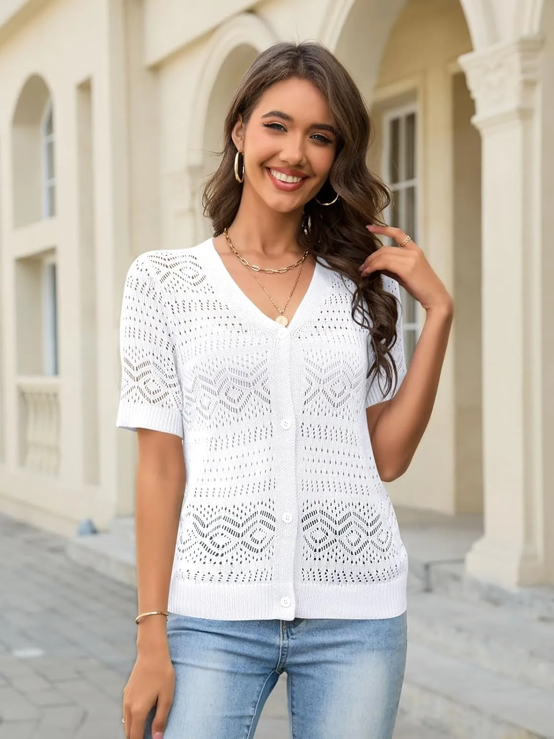 Women's Crochet Knit Open Front V-Neck Button Down Summer Short Sleeve Lightweight Cardigan Sweater