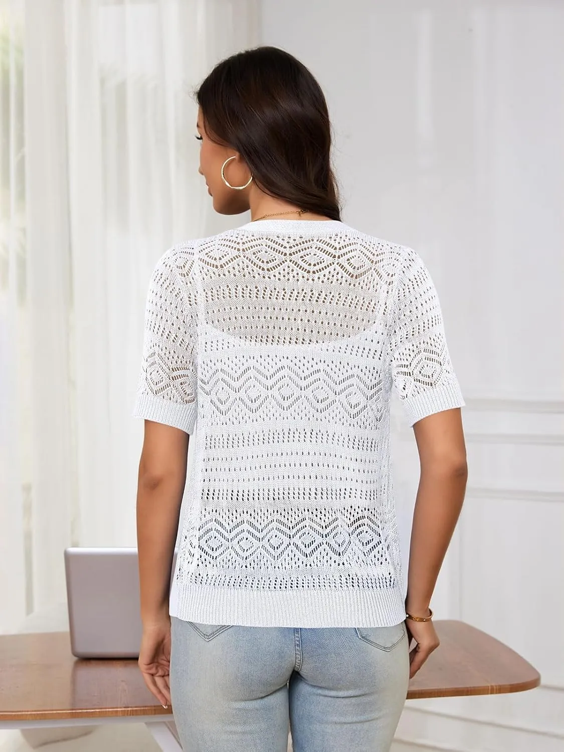 Women's Crochet Knit Open Front V-Neck Button Down Summer Short Sleeve Lightweight Cardigan Sweater