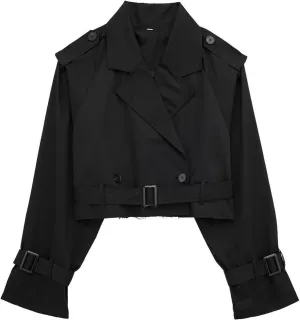 Women's Cropped Trench Coat Breasted Fall Fashion 2023 Classic Lapel Slim Overcoat With Belt Oversized Outerwear Tops
