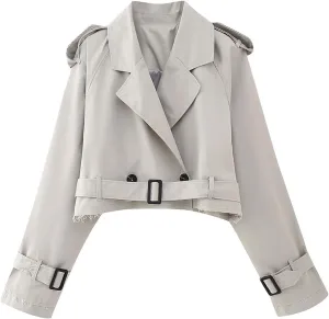Women's Cropped Trench Coat Breasted Fall Fashion 2023 Classic Lapel Slim Overcoat With Belt Oversized Outerwear Tops