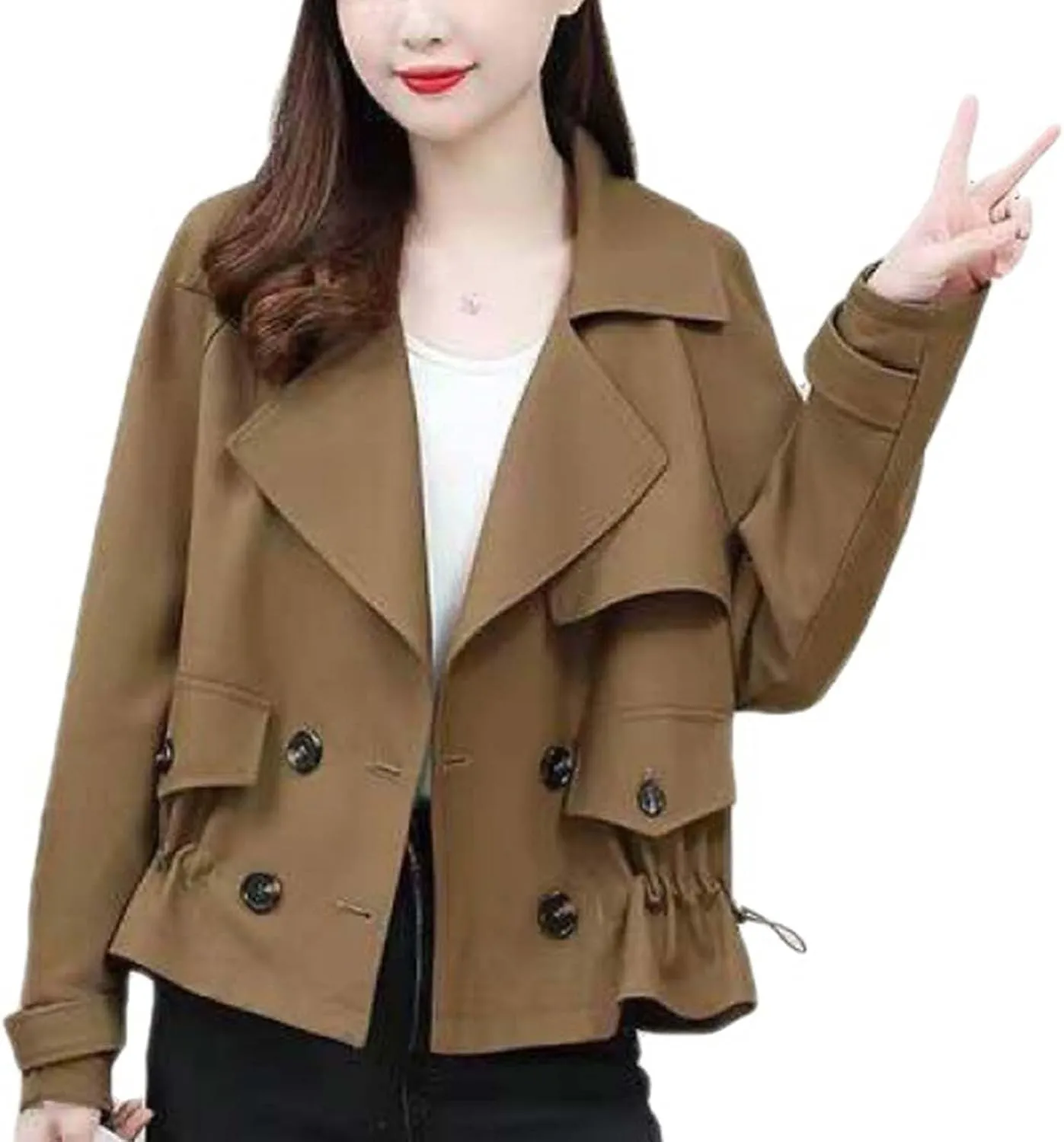 Women's Cropped Trench Coat Casual Notch Lapel Double Breasted Pea Coats Solid Short Jacket Outerwear with Drawstring