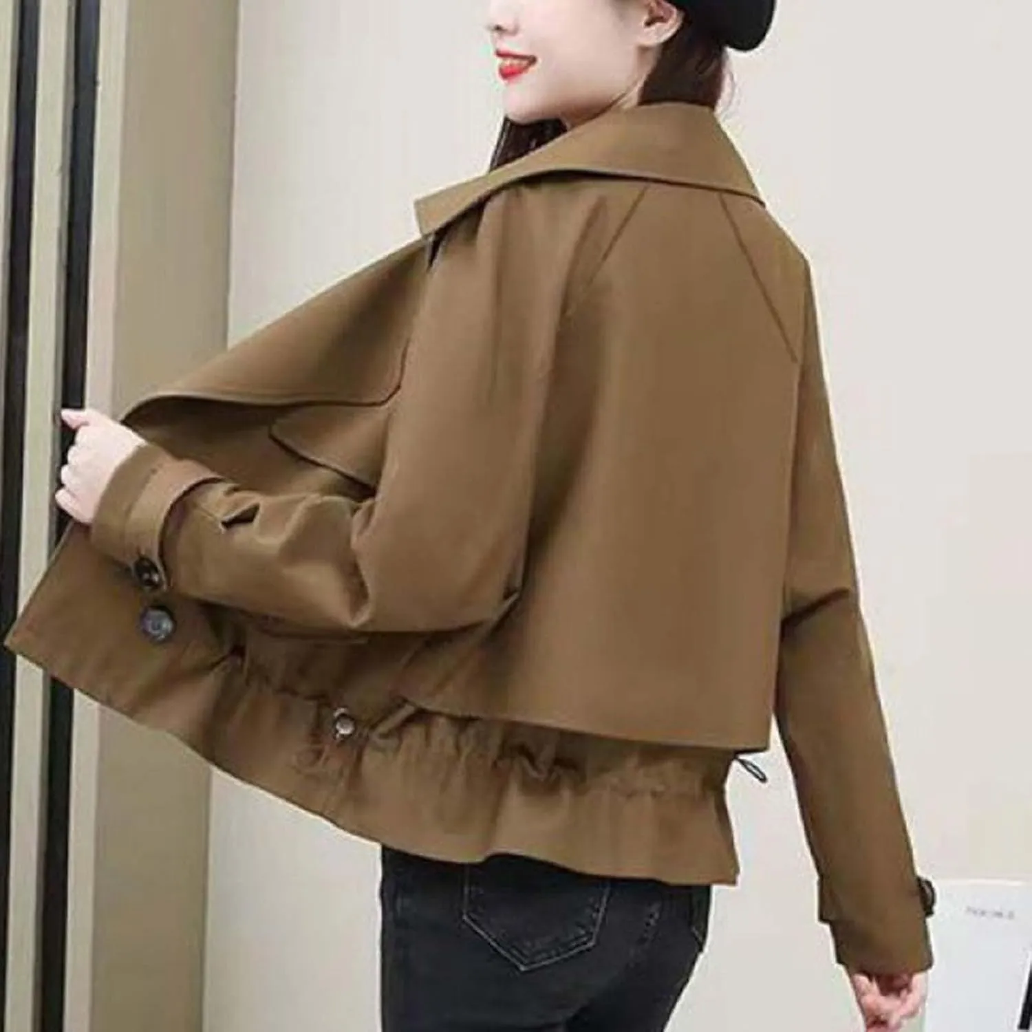 Women's Cropped Trench Coat Casual Notch Lapel Double Breasted Pea Coats Solid Short Jacket Outerwear with Drawstring