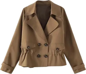 Women's Cropped Trench Coat Casual Notch Lapel Double Breasted Pea Coats Solid Short Jacket Outerwear with Drawstring