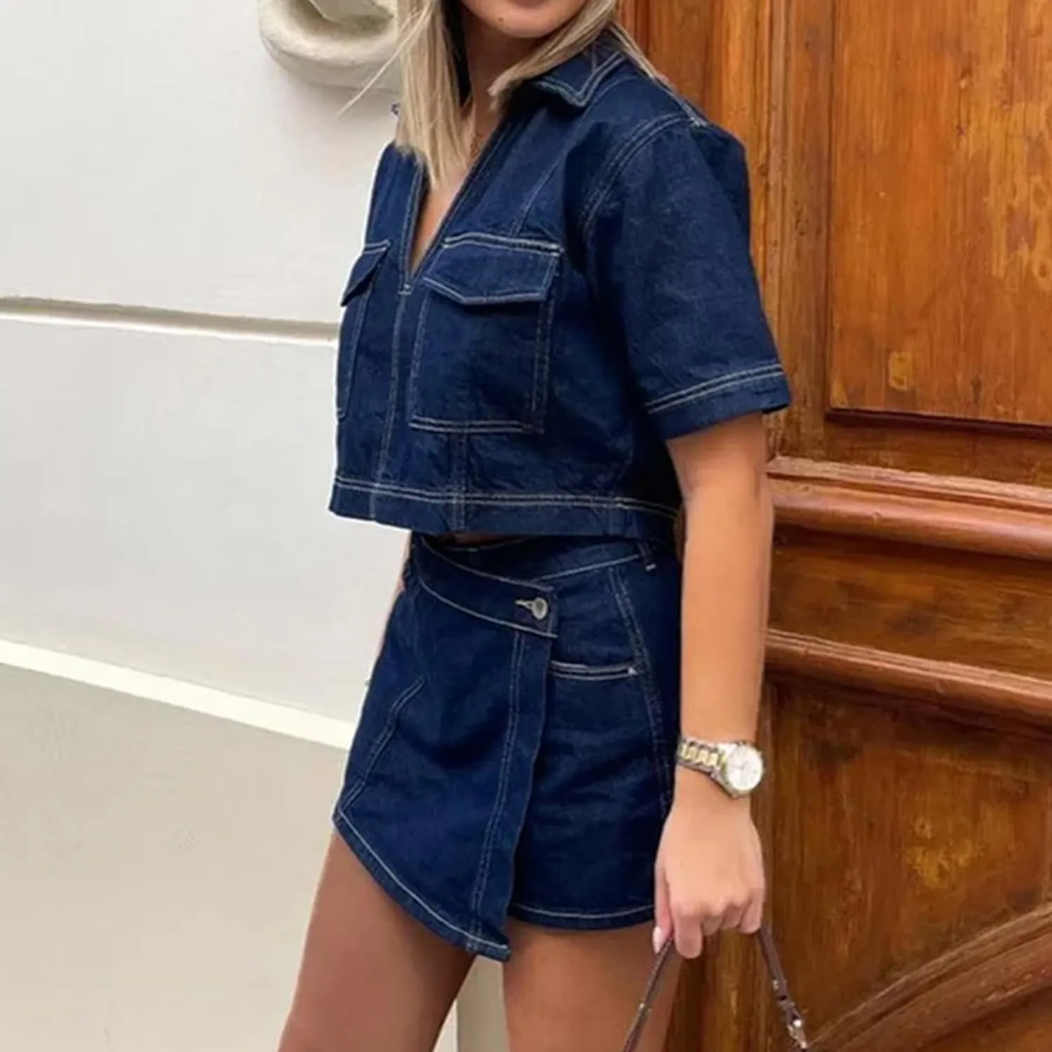 Women's Denim 2 Piece Outfits Short Sleeve Lapel Neck Crop Top and High Waisted Jean Skorts Skirts Set