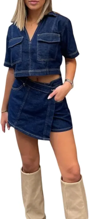 Women's Denim 2 Piece Outfits Short Sleeve Lapel Neck Crop Top and High Waisted Jean Skorts Skirts Set