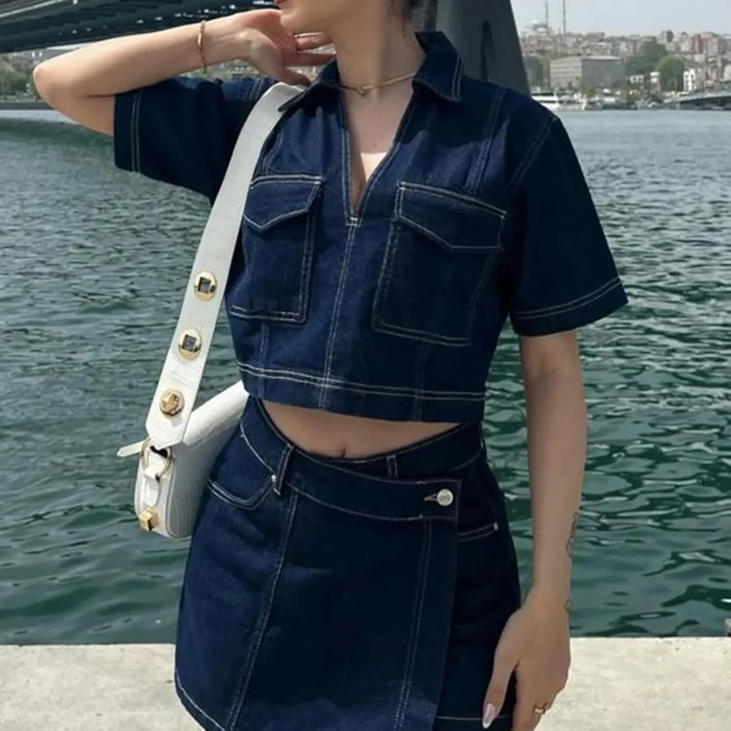 Women's Denim 2 Piece Outfits Short Sleeve Lapel Neck Crop Top and High Waisted Jean Skorts Skirts Set