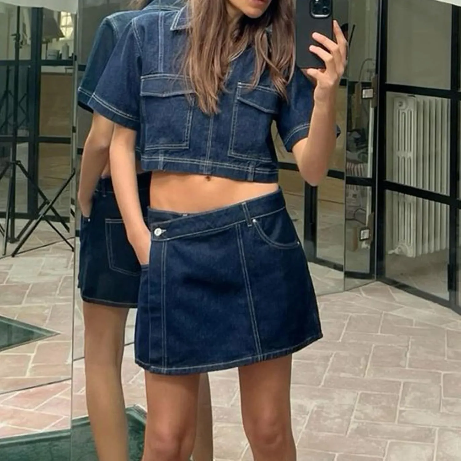 Women's Denim 2 Piece Outfits Short Sleeve Lapel Neck Crop Top and High Waisted Jean Skorts Skirts Set
