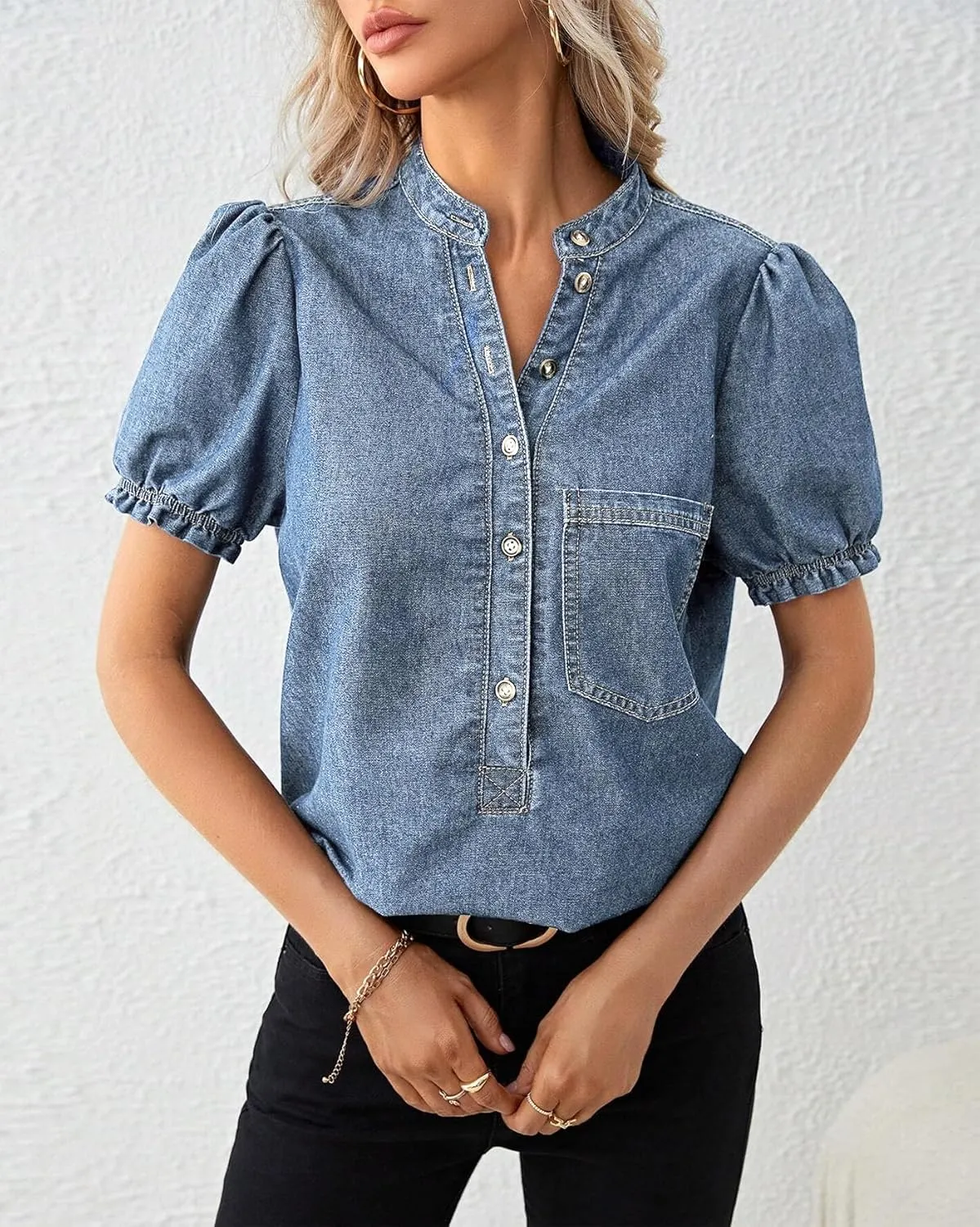 Womens Denim Shirt Casual Button Down V Neck Blouses Puff Short Sleeve Summer Jean Tops