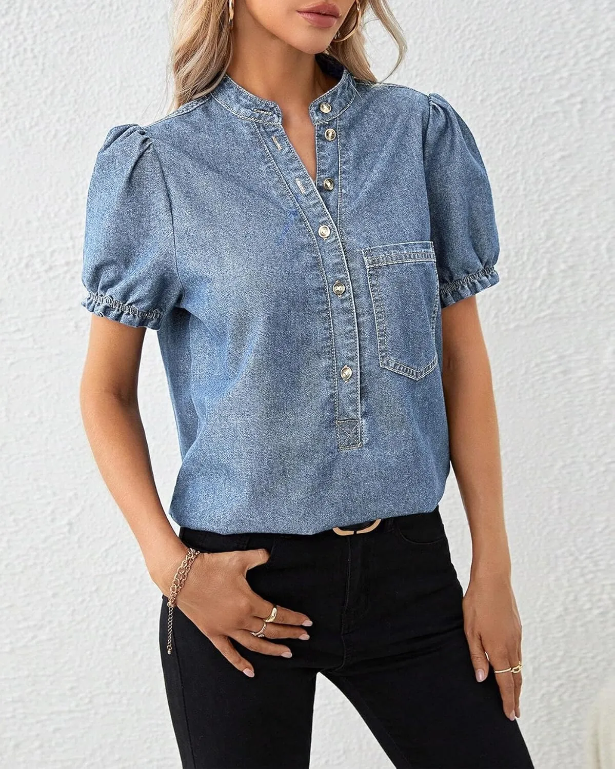 Womens Denim Shirt Casual Button Down V Neck Blouses Puff Short Sleeve Summer Jean Tops