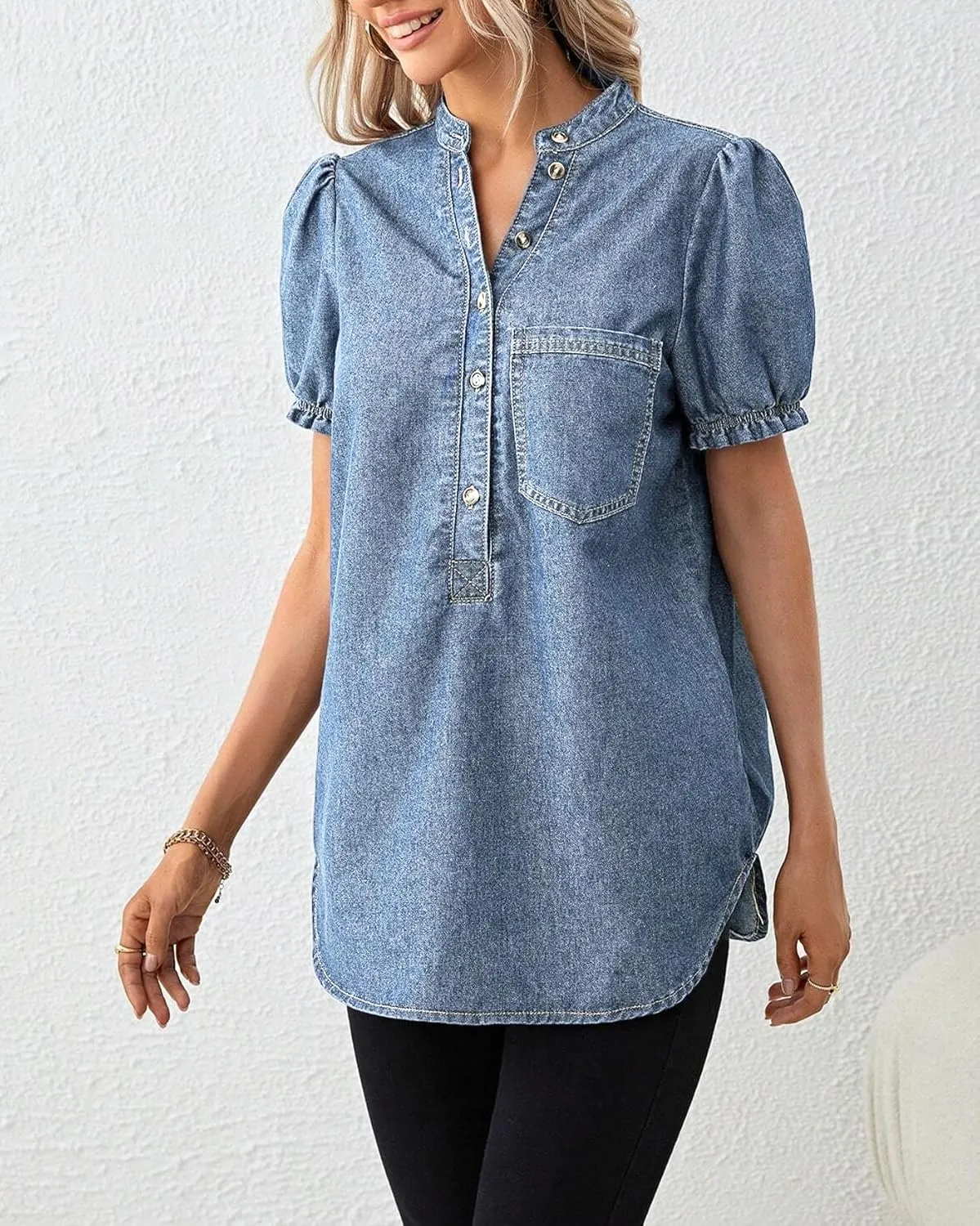 Womens Denim Shirt Casual Button Down V Neck Blouses Puff Short Sleeve Summer Jean Tops