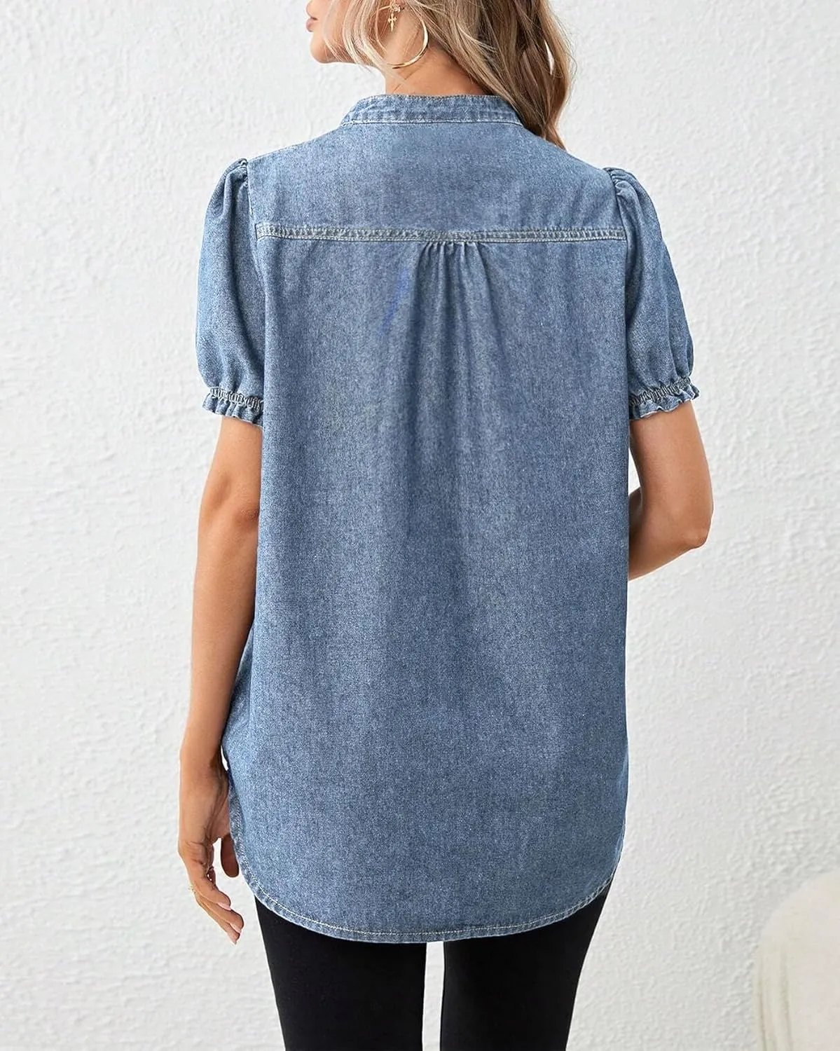 Womens Denim Shirt Casual Button Down V Neck Blouses Puff Short Sleeve Summer Jean Tops