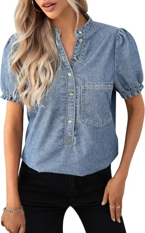 Womens Denim Shirt Casual Button Down V Neck Blouses Puff Short Sleeve Summer Jean Tops