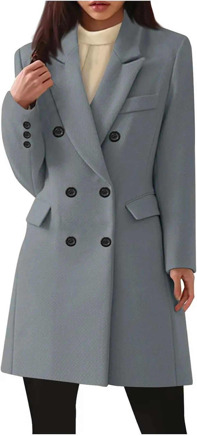 Women's Double Breasted Trench Coat Business Casual Lapel Slim Overcoat Long Blazer Jackets Plus Size Outwear