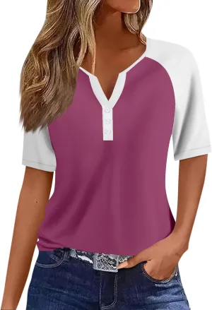 Womens Fashion Henley Raglan Short Sleeve Tops Basic Tunic T-Shirts Casual Button Down Half Sleeve Blouses