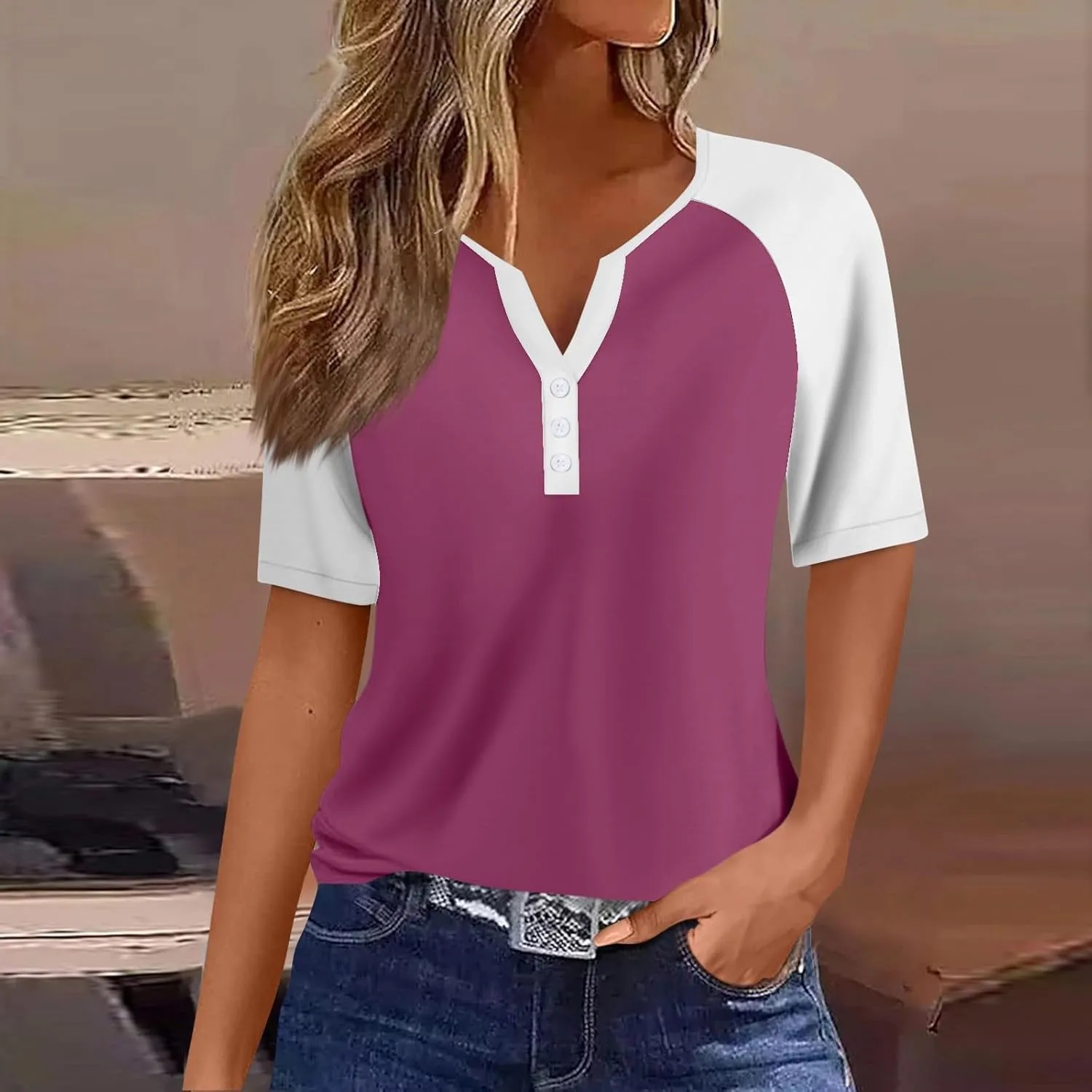 Womens Fashion Henley Raglan Short Sleeve Tops Basic Tunic T-Shirts Casual Button Down Half Sleeve Blouses