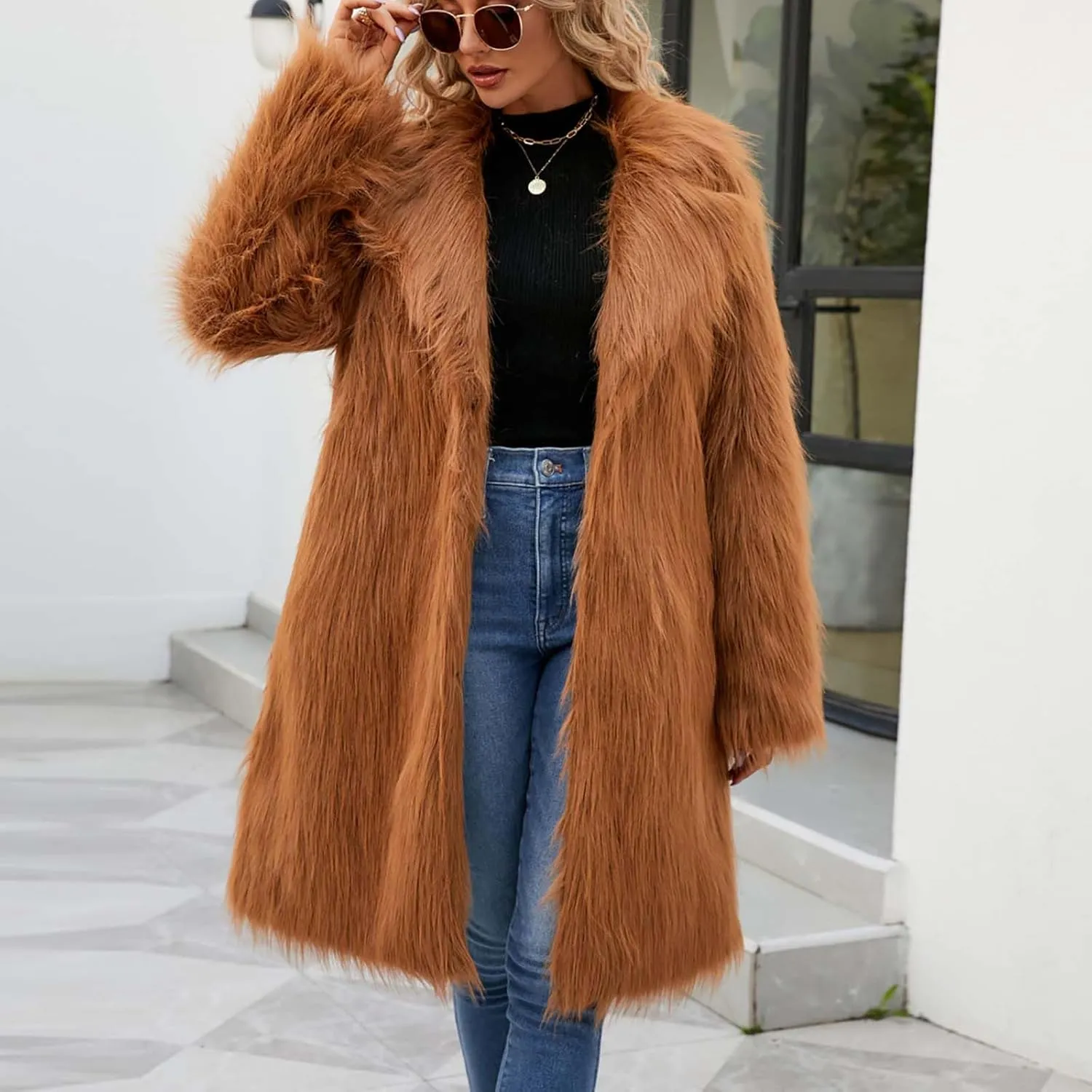 Women's Faux Fur Jackets Winter Fuzzy Cardigan Overcoat Fall Fashion Open Front Long Shaggy Coat Outerwear