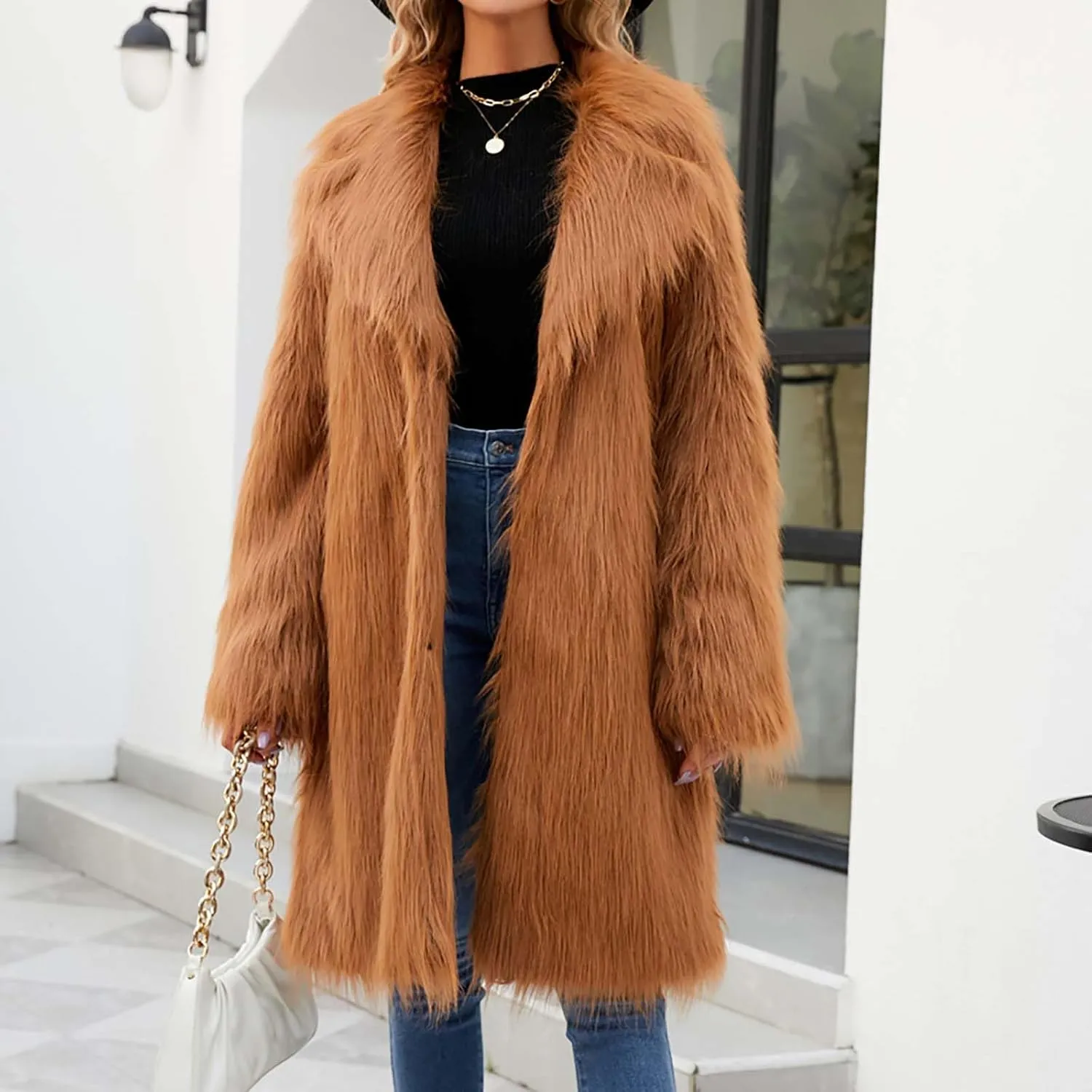 Women's Faux Fur Jackets Winter Fuzzy Cardigan Overcoat Fall Fashion Open Front Long Shaggy Coat Outerwear