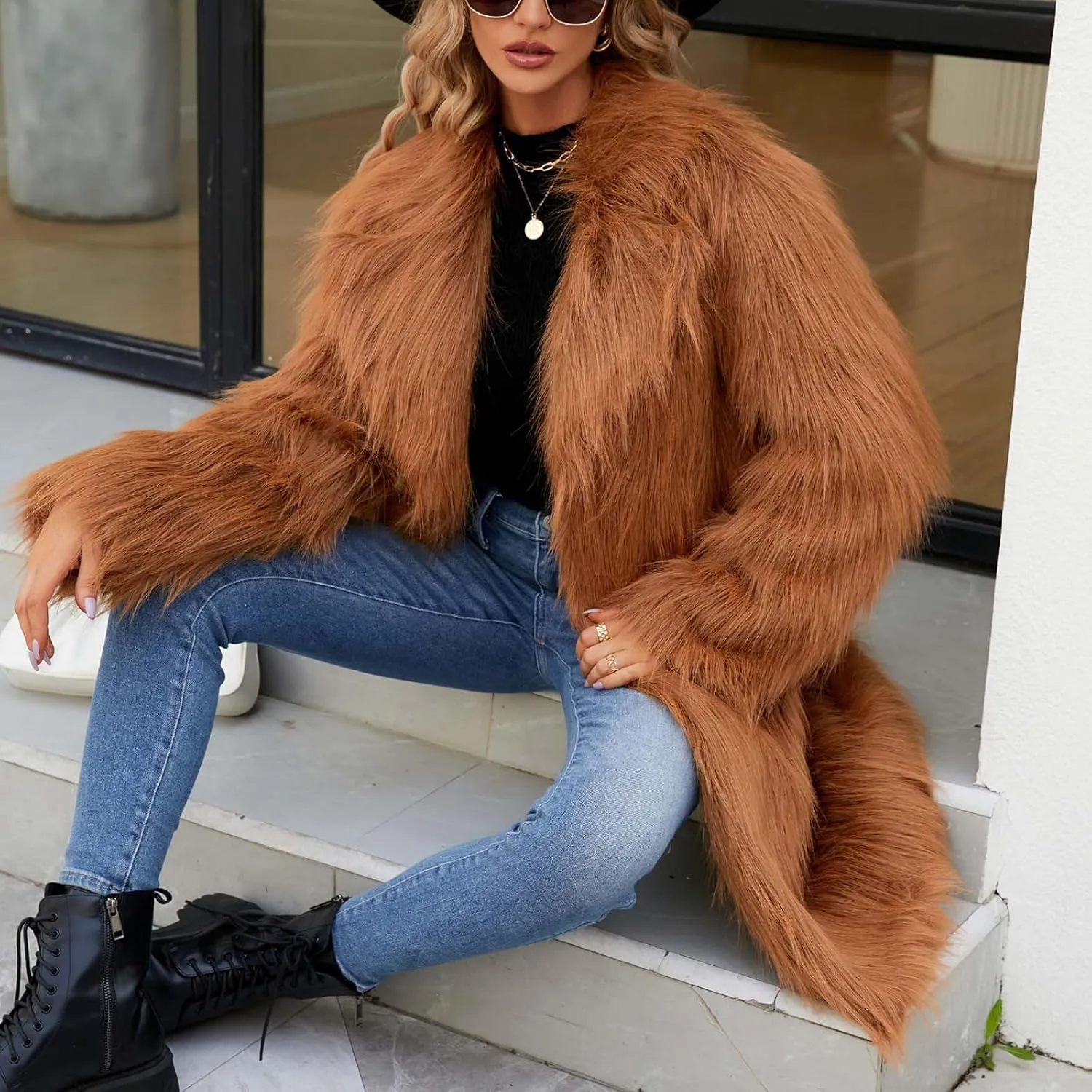 Women's Faux Fur Jackets Winter Fuzzy Cardigan Overcoat Fall Fashion Open Front Long Shaggy Coat Outerwear