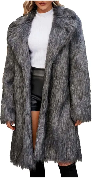 Women's Faux Fur Jackets Winter Fuzzy Cardigan Overcoat Fall Fashion Open Front Long Shaggy Coat Outerwear