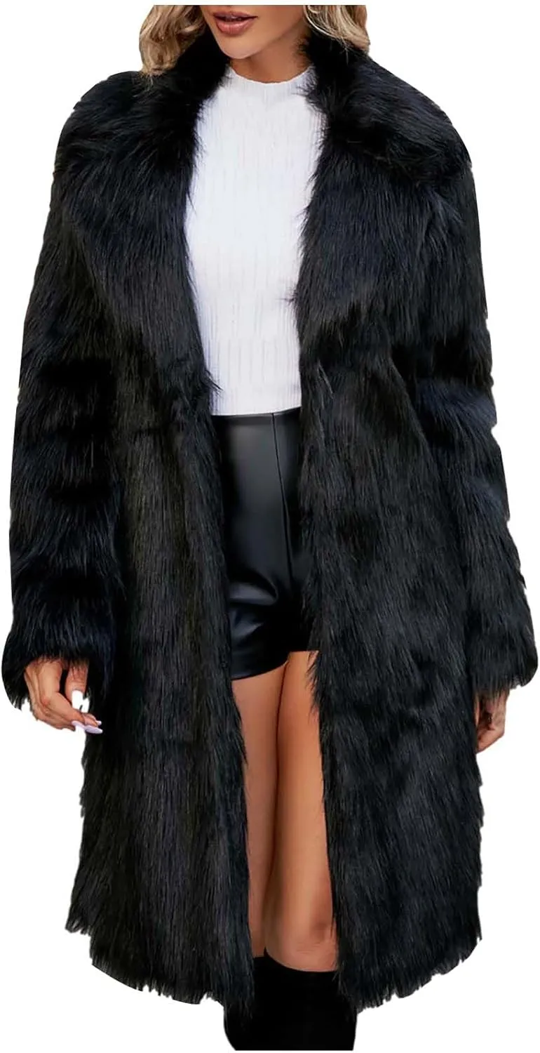 Women's Faux Fur Jackets Winter Fuzzy Cardigan Overcoat Fall Fashion Open Front Long Shaggy Coat Outerwear