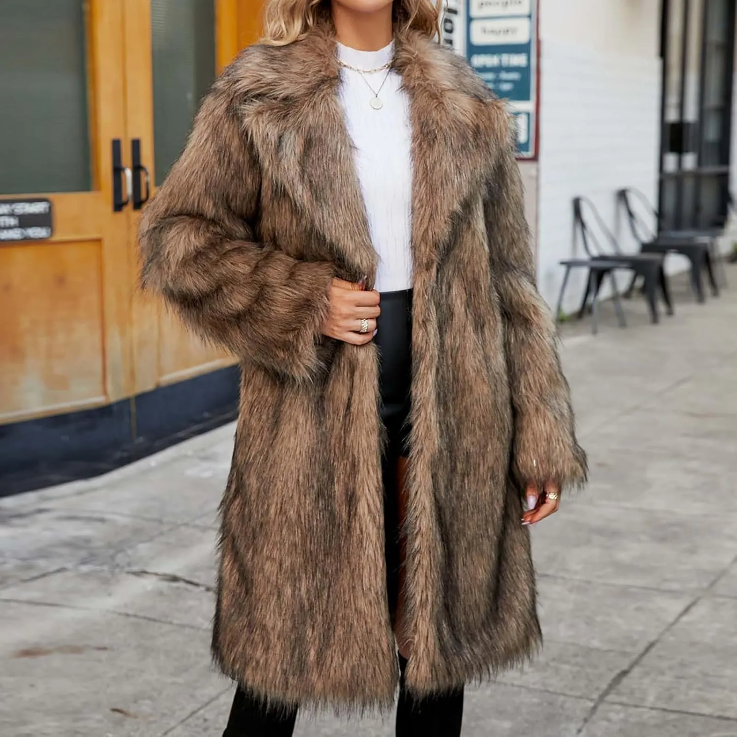 Women's Faux Fur Jackets Winter Fuzzy Cardigan Overcoat Fall Fashion Open Front Long Shaggy Coat Outerwear