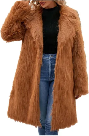 Women's Faux Fur Jackets Winter Fuzzy Cardigan Overcoat Fall Fashion Open Front Long Shaggy Coat Outerwear