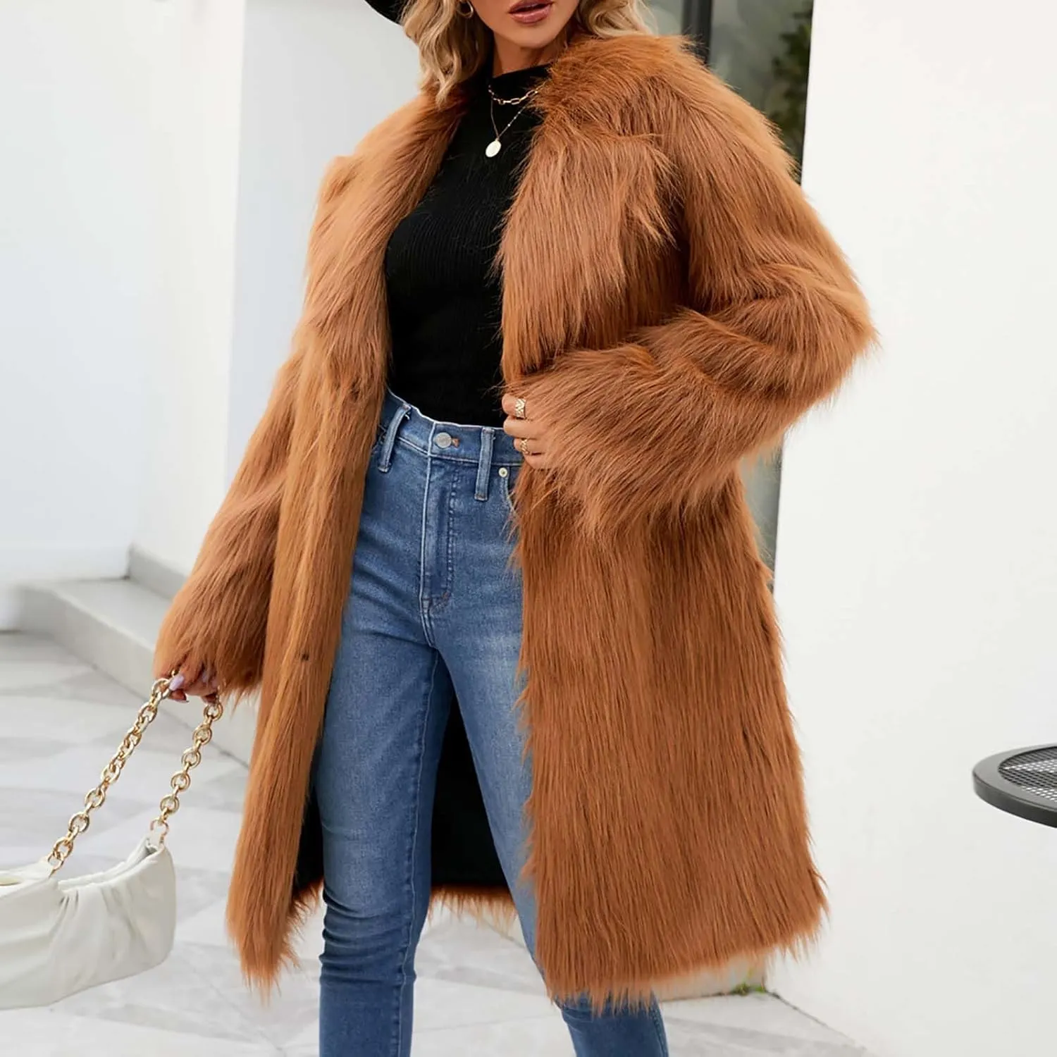 Women's Faux Fur Jackets Winter Fuzzy Cardigan Overcoat Fall Fashion Open Front Long Shaggy Coat Outerwear