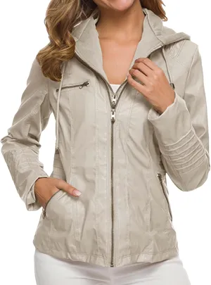 Womens Faux Leather Jacket Lambskin Bomber Leather Jacket Casual Moto Biker Zip up Coat with Removeable Hood